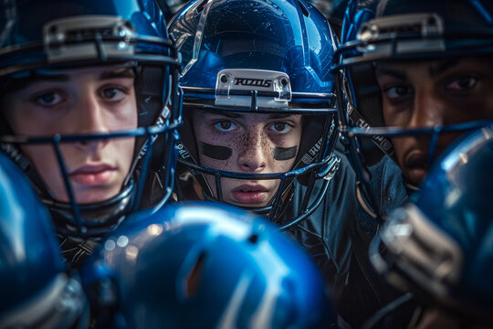 A group of football players are huddled together, all wearing helmets