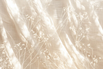 Boho wedding backdrop with natural light shadows on beige linen cloth texture. 