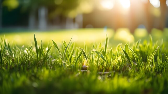 Fresh green garden grass lawn in spring, summer with bright bokeh of blurred foliage of springtime in the background, generate ai Free Photo
