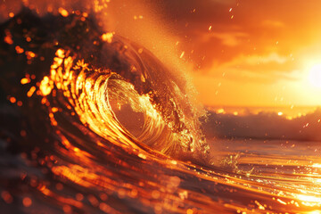A wave in the ocean with a bright orange sun in the background - obrazy, fototapety, plakaty