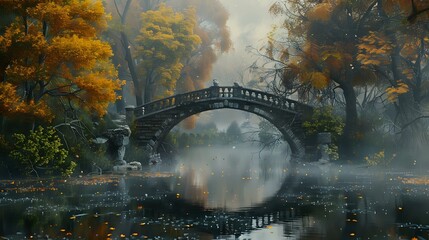 Old Bridge in Autumn Park: Serene Scene Blanketed in Mist