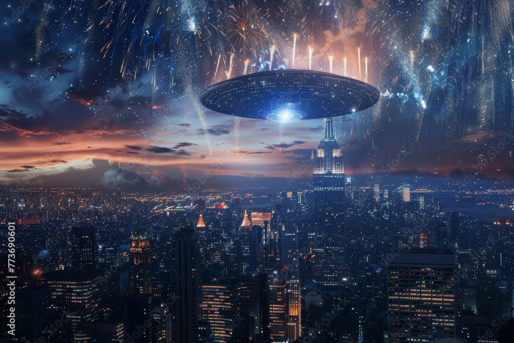 Aufkleber a cityscape with a large building in the background and a ufo flying over it