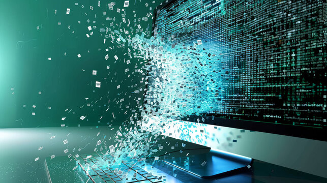 3D Concept of Buffer Overflow: Code Overflowing from Computer Screen
