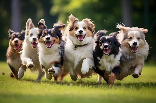 A group of dogs running in a park
