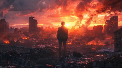 Man Overlooking Apocalyptic Cityscape at Sunset