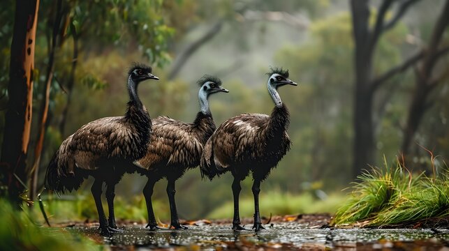 group of emu birds roam freely in the wild habitat. Ai Generated. Majestic emu birds gather together in their natural wilderness. Ai Generated
