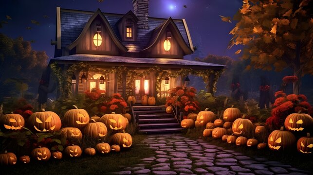 Halloween wallpaper with scary forest pumpkins and bats american saintsday Generative Ai

