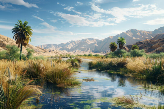 A river runs through a desert with palm trees on either side