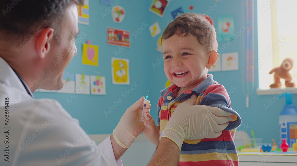 Wall mural within a brightly lit clinic filled with vibrant stickers and scattered toys, a cheerful child eager