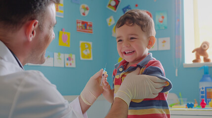 Within a brightly lit clinic filled with vibrant stickers and scattered toys, a cheerful child eagerly receives a vaccination from a pediatrician, their smile beaming with courage
