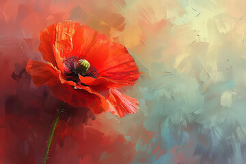 A red poppy flower is the main focus of the painting - obrazy, fototapety, plakaty