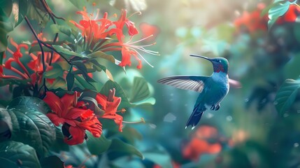 Graceful Blue Hummingbird Sipping Nectar from Vibrant Red Blossom in Jungle