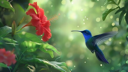 Tiny Jungle Bird, Blue Hummingbird Violet Sabrewing, Feeding by Red Flower