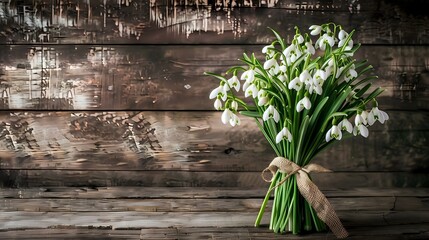 Snowdrops Bouquet: Delicate Flowers Arranged on Rustic Wooden Background