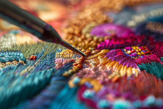 A needle is used to stitch a colorful piece of fabric