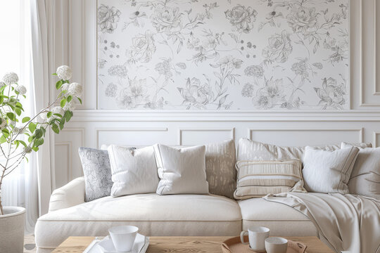 A white couch with pillows and a white wall behind it - Powered by Adobe