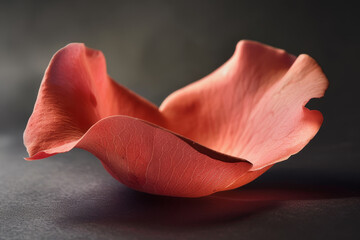 A single red flower petal is shown on a dark background