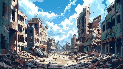 Destroyed urban area: Buildings and ruins on city street after earthquake - obrazy, fototapety, plakaty