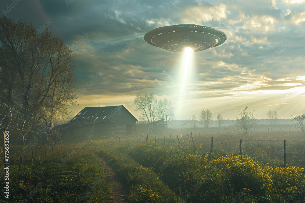 Poster a ufo is hovering over a field of grass