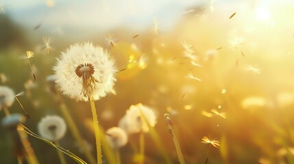 Summer Breeze: Dandelion Seeds Flutter Across Vibrant Field Backdrop