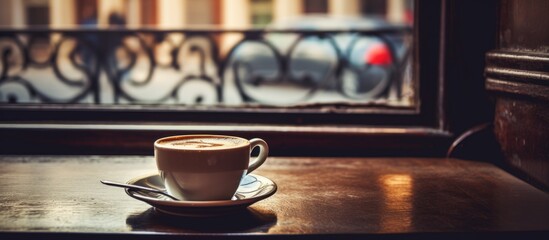 The coffee cup rests on a white saucer placed on a wooden table in a cozy setting - obrazy, fototapety, plakaty