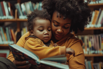 A woman is reading a book to a child