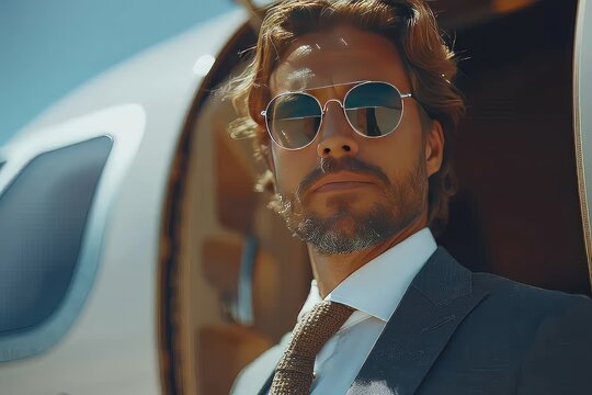 Stylish businessman exiting a private jet. The wind calls his hair and clothes. His hair, ruffled by the wind, symbolizes his ability to adapt and thrive in any situation.