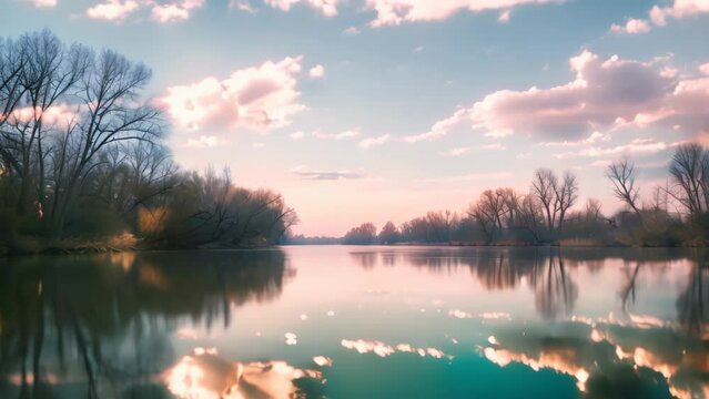 river with sunset landscape. 4k video animation