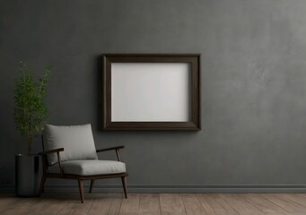 Empty frame. Blank dark wood mounted landscape frame on grey wall