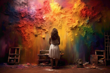 An artist with a palette, creating magic against a rainbow-colored wall.