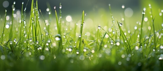 Fototapeta premium Grass blades covered in small glistening water droplets, reflecting the light in a close-up view