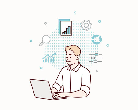man working on laptop, data analysis, line art clip art preview