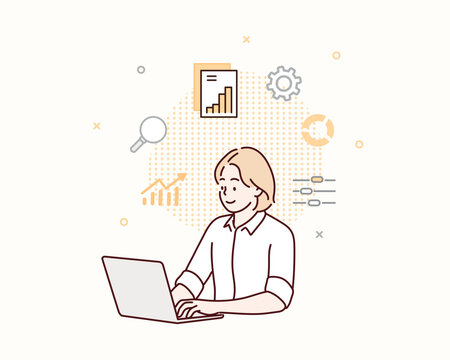 woman working on laptop, data analysis clip art preview