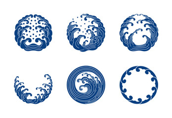 Japanese traditional wave crest vector illustration set. Circle logo, symbol, icon.