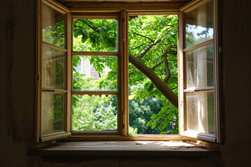 Opened old wooden window, attic frame in room, green summer nature view