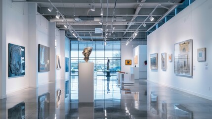A contemporary art gallery with sleek white walls, track lighting, and large windows showcasing avant-garde sculptures and paintings against a backdrop of a modern urban landscape.. - obrazy, fototapety, plakaty
