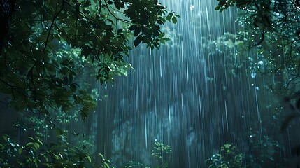 Rainy Day in the Woods: Dense Forest Experiences Heavy Rainfall Shower