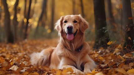 AI generated Golden retriever dog sitting on a pile of dry maple leaves, autumn theme concept Pro Photo
