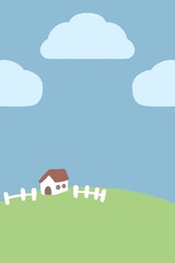 Naklejka premium a cartoon house on a hill with a fence and clouds