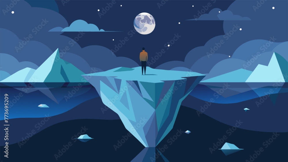 Poster a person standing on the surface of an iceberg looking up at the moon and stars while a much larger 