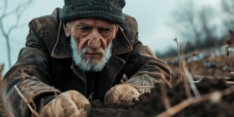 Man in hat and coat is digging in dirt