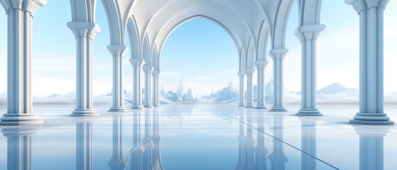 Beautiful airy widescreen minimalistic white and light blue architectural background banner with tilted columns - obrazy, fototapety, plakaty