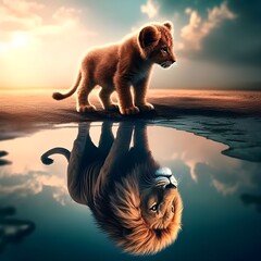 A lion cub is pictured looking into the water and seeing its reflection, just like an adult lion.
 - obrazy, fototapety, plakaty