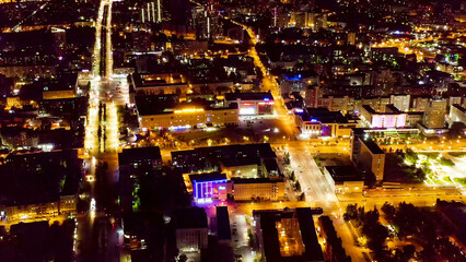 Perm, Russia - August 3, 2020: Downtown Perm at night, from a height of view, Aerial View