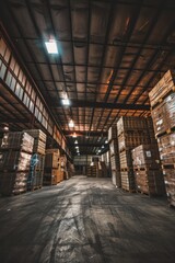 A vast warehouse space filled with stacked crates, pallets, and boxes, stretching into the distance under dim industrial lighting, Generative AI - obrazy, fototapety, plakaty