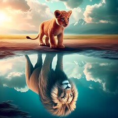 A lion cub is pictured looking into the water and seeing its reflection, just like an adult lion.
 - obrazy, fototapety, plakaty