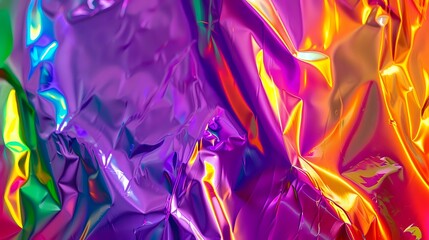Modern Metallic Holographic Design: Neon Purple, Green, Orange Foil Texture - obrazy, fototapety, plakaty