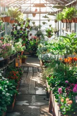 Fototapeta premium A warehouse greenhouse filled with rows of plants, flowers, and herbs, bathed in natural sunlight and providing a tranquil oasis in an urban environment, Generative AI