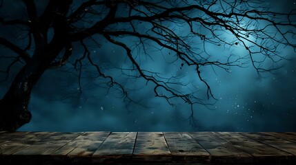 Spooky Halloween Scene: Silhouetted Dead Tree on Old Wooden Table