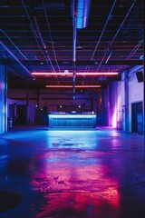 A warehouse party venue with a DJ booth, dance floor, and neon lights, hosting lively events and...